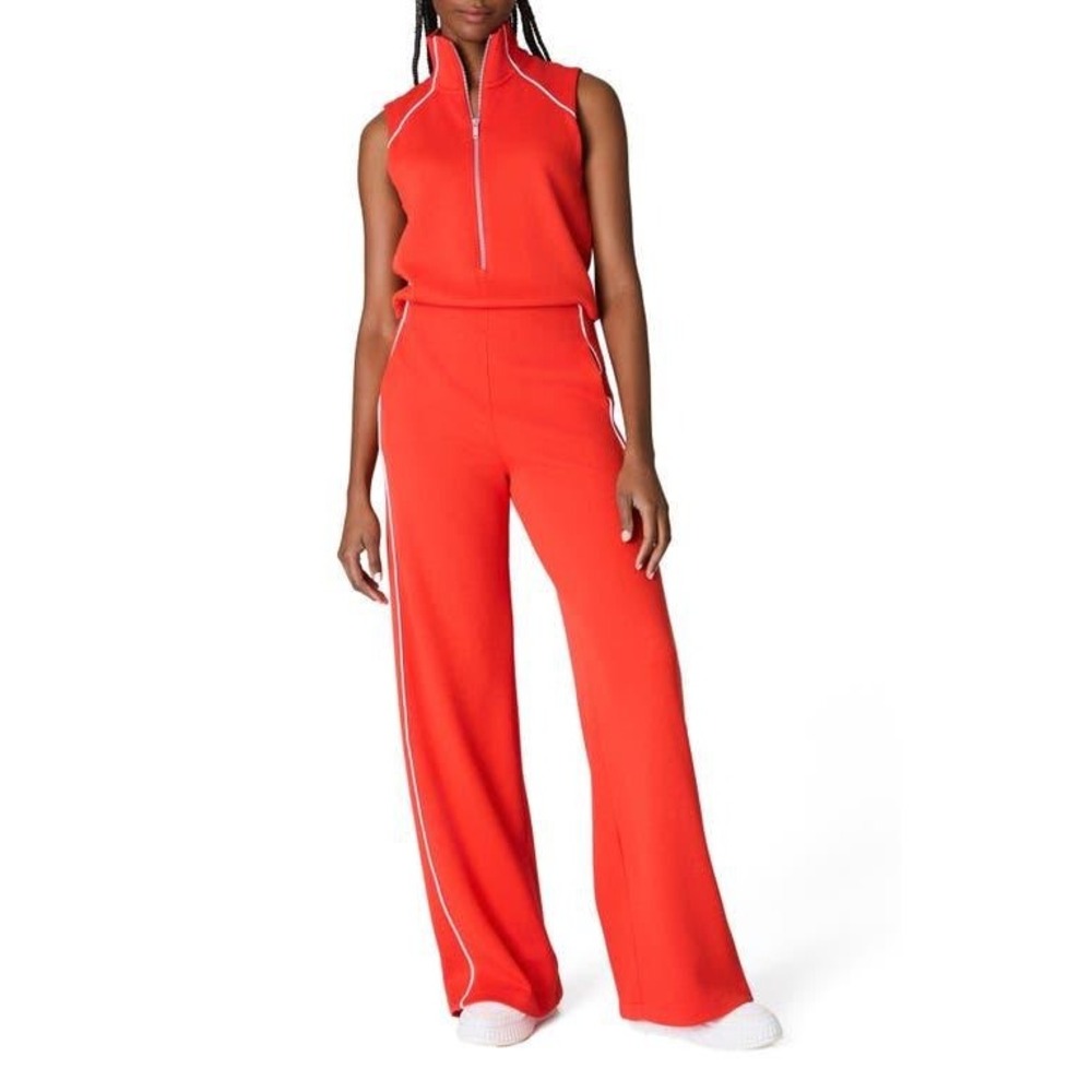 Spanx Airpique Mockneck Jumpsuit Womens Size M Poppy Red Sporty Wide Leg Travel